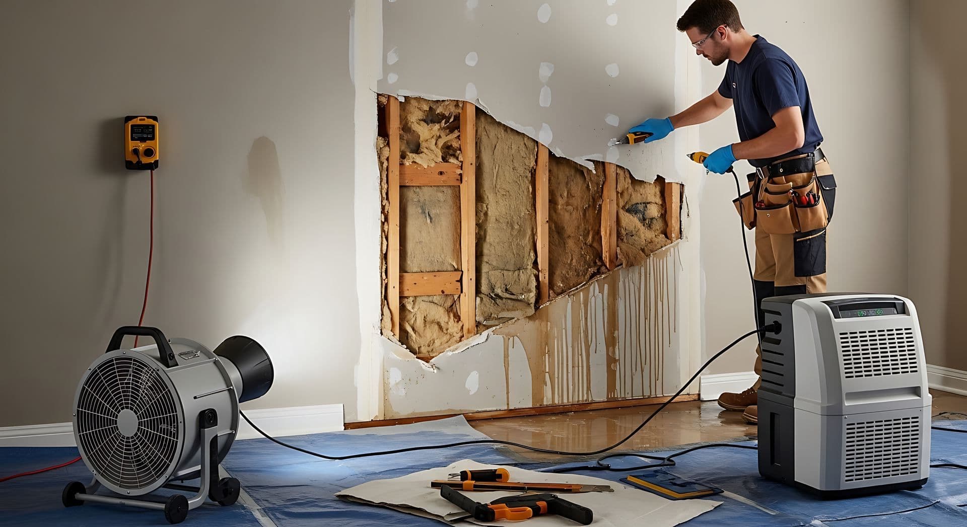 A technician drying an opened, water-damaged wall with a dehumidifier and drying fan